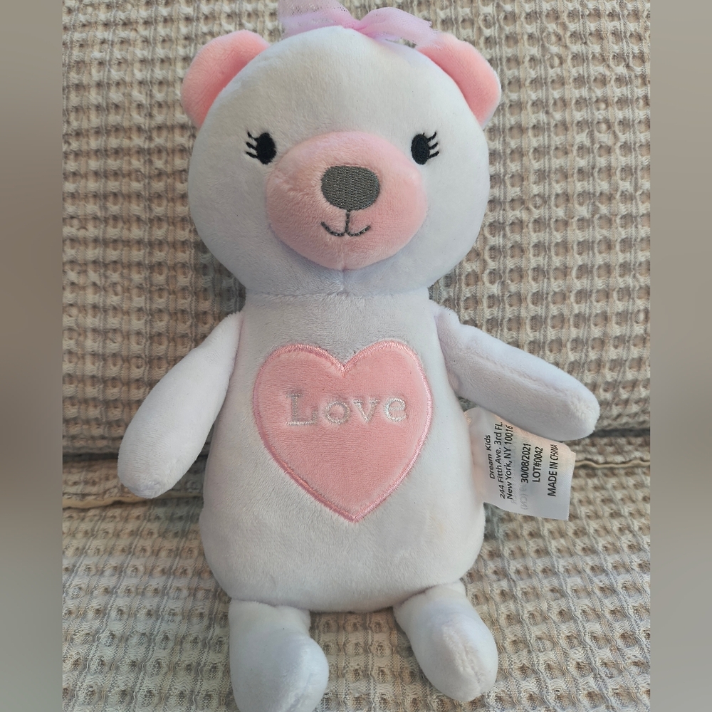 Dream Kids Cute Plush Stuffed White Bear with Pink Heart LOVE and Pink Bow 10"